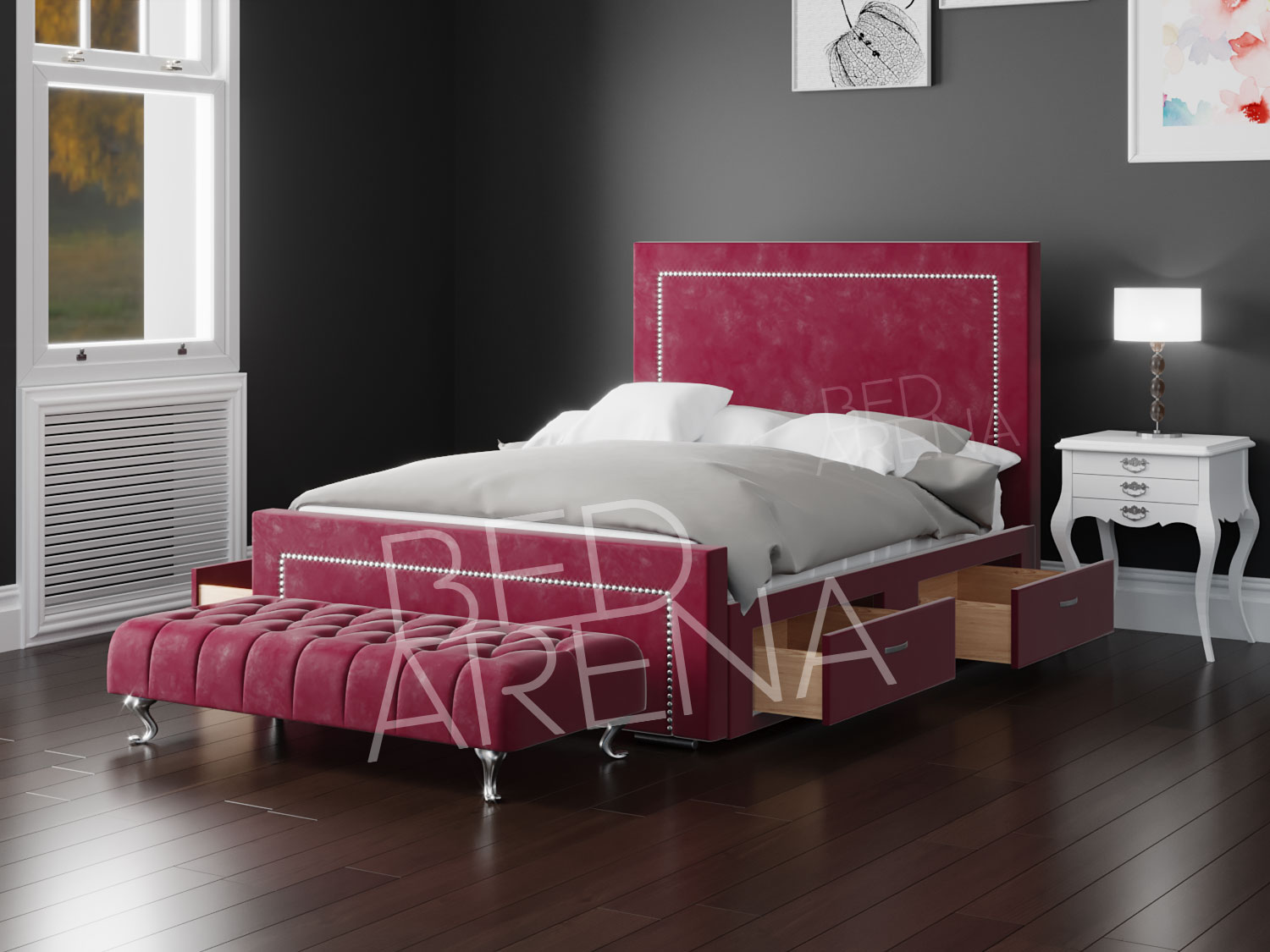 Red coloured upholstered bed in a dark walled room.